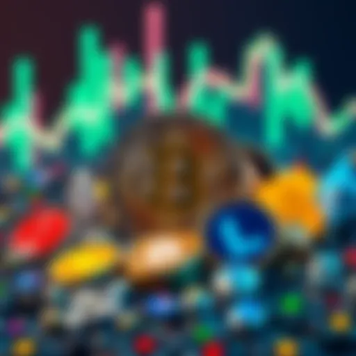 Bitcoin symbol stands prominently with various cryptocurrency logos around it, highlighting its dominance in the market.