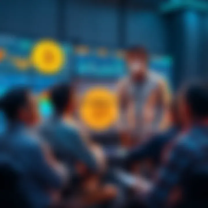 A group of people discussing Bitcoin Halving with graphs and charts on a screen in the background