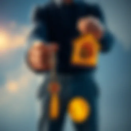 A person stands confidently with a house key in one hand and Bitcoin symbols in the other, symbolizing an investment decision.