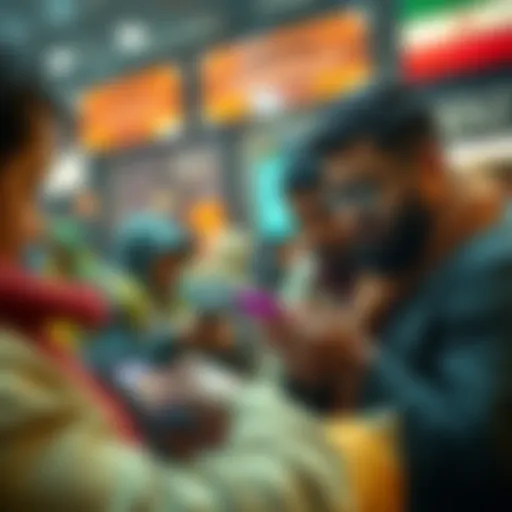 A group of people in Iran using smartphones to trade Bitcoin, showcasing financial resilience amid economic challenges.