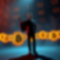 A digital representation of dormant Bitcoin addresses with a silhouette of a person in a suit standing beside a large dollar sign, symbolizing the legal claim for vast wealth.
