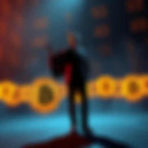 A digital representation of dormant Bitcoin addresses with a silhouette of a person in a suit standing beside a large dollar sign, symbolizing the legal claim for vast wealth.