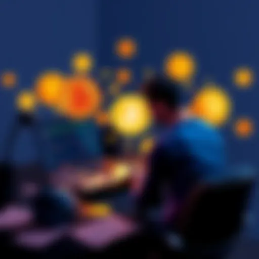 A person sitting at a desk with a laptop, surrounded by Bitcoin symbols and financial documents, representing the journey of rebuilding Bitcoin investment post-bear market.