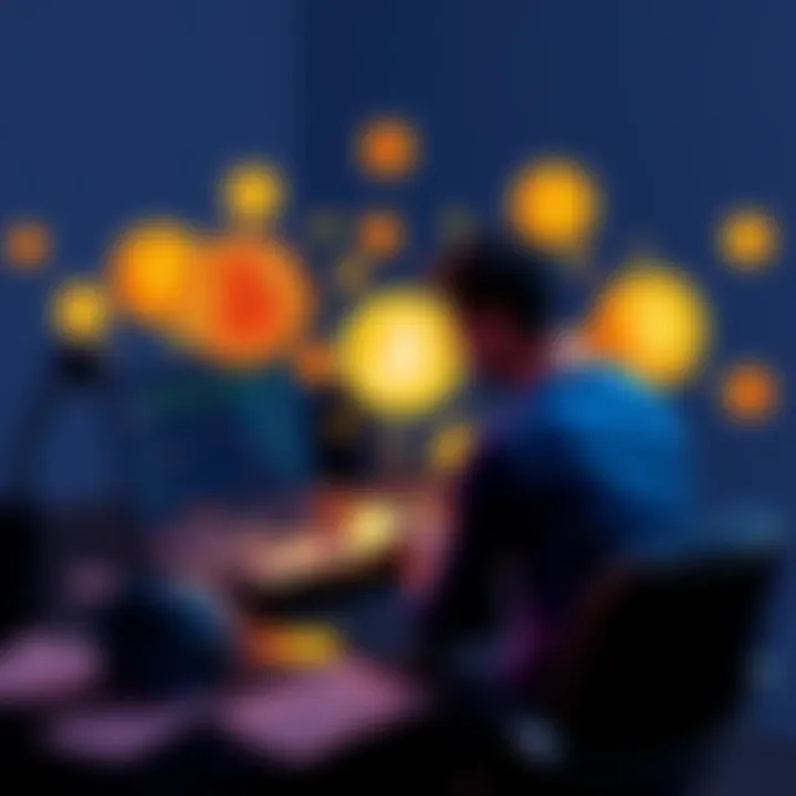 A person sitting at a desk with a laptop, surrounded by Bitcoin symbols and financial documents, representing the journey of rebuilding Bitcoin investment post-bear market.