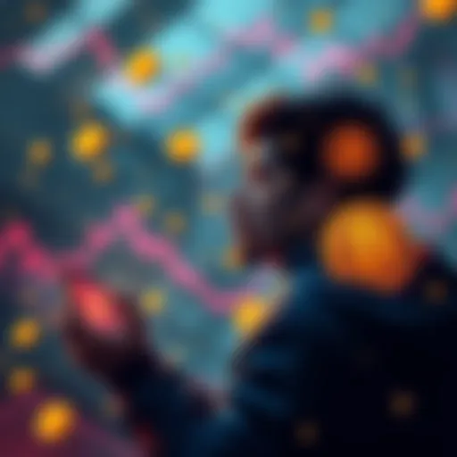 A person reflecting on Bitcoin price changes, showing emotions during market dips, with a visual representation of Bitcoin trends from high to low, and symbols of investing like charts and coins