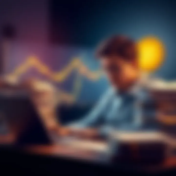 A worried individual with a laptop, staring at a graph showing Bitcoin prices, surrounded by stacks of documents