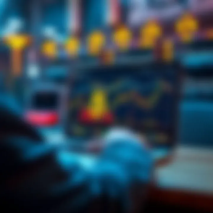 A person checking mining earnings on a laptop while Bitcoin graphics are displayed on the screen