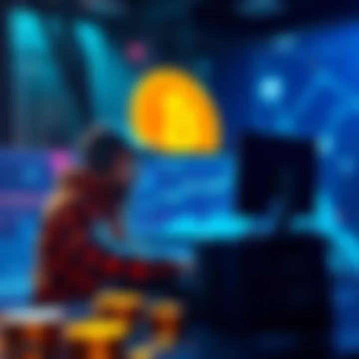 Bitcoin Mining Insights A visual representation of Bitcoin mining showing a miner with a computer and Bitcoin symbols. The background features digital currency graphics and blockchain elements.