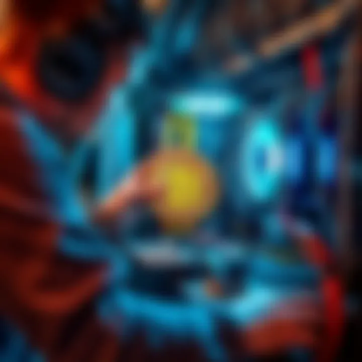 A person setting up a bitcoin mining rig with multiple GPUs and cables, focused on the hardware and software connections.