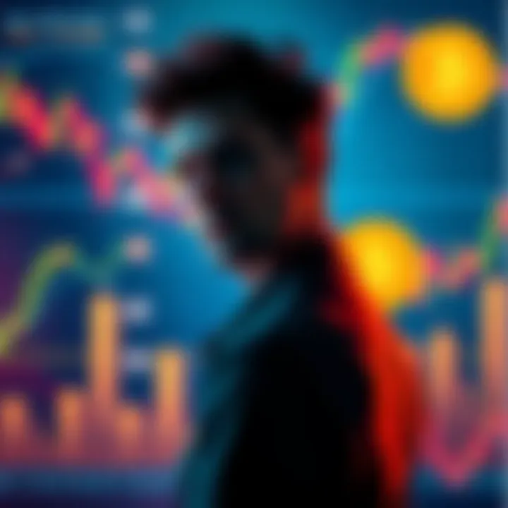 A person contemplating whether to hold or sell Bitcoin, with charts and coins in the background.