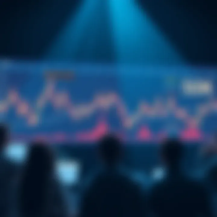 A graph showing Bitcoin price fluctuations with an emphasis on the 50K mark, surrounded by anxious traders watching the market.
