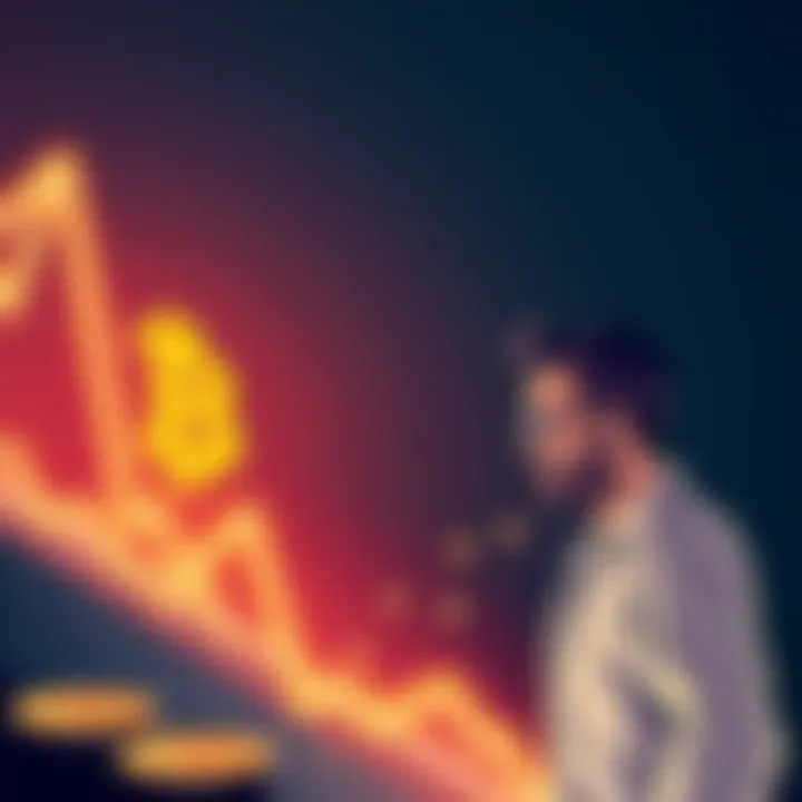 Bitcoin Price Decline and Investor Concern An illustration showing a downward trend in Bitcoin prices with a worried investor looking on, symbolizing uncertainty in investment strategies.