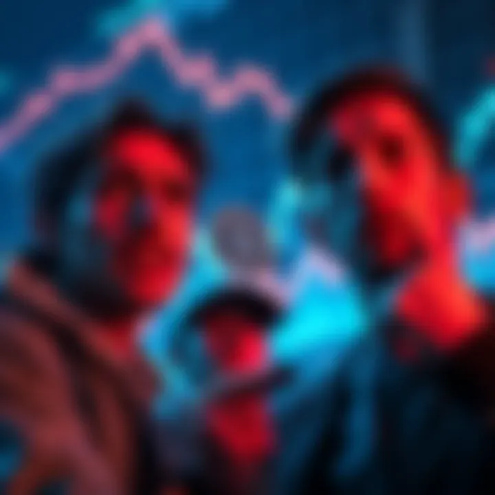 Bitcoin supporters looking worried as prices drop, with charts showing a downward trend in the background