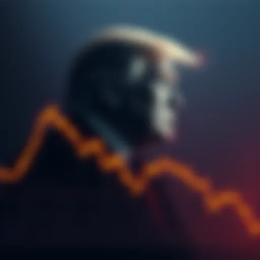 A graph showing a downward trend in Bitcoin's value with a silhouette of Donald Trump in the background.
