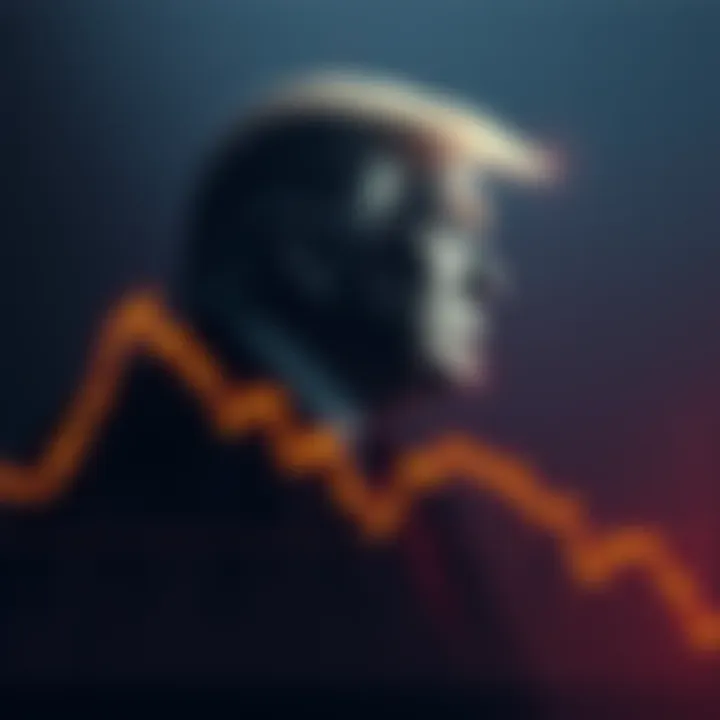 A graph showing a downward trend in Bitcoin's value with a silhouette of Donald Trump in the background.