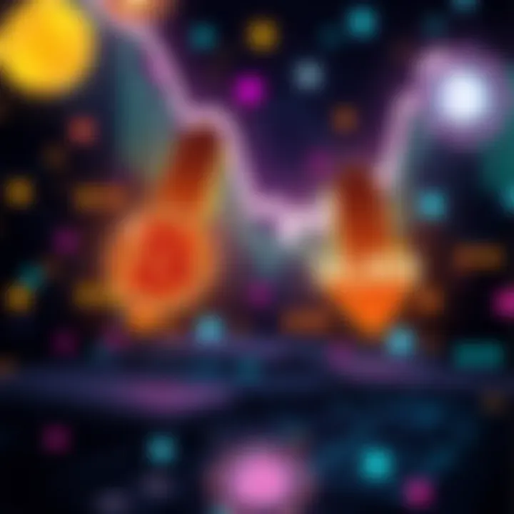 Two arrows showing Bitcoin price predictions, one pointing up towards $80,000 and the other pointing down towards $60,000, with a backdrop of digital currency symbols.