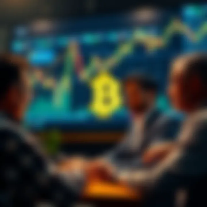 People discussing Bitcoin price predictions with charts and graphs in the background