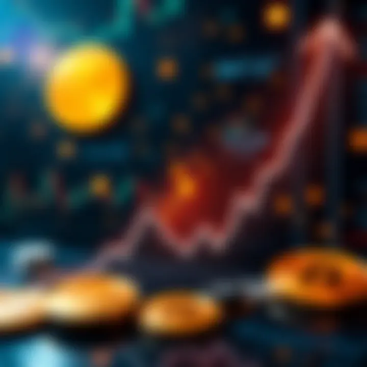 A graph showing a sharp increase in Bitcoin prices with a backdrop of digital currency symbols