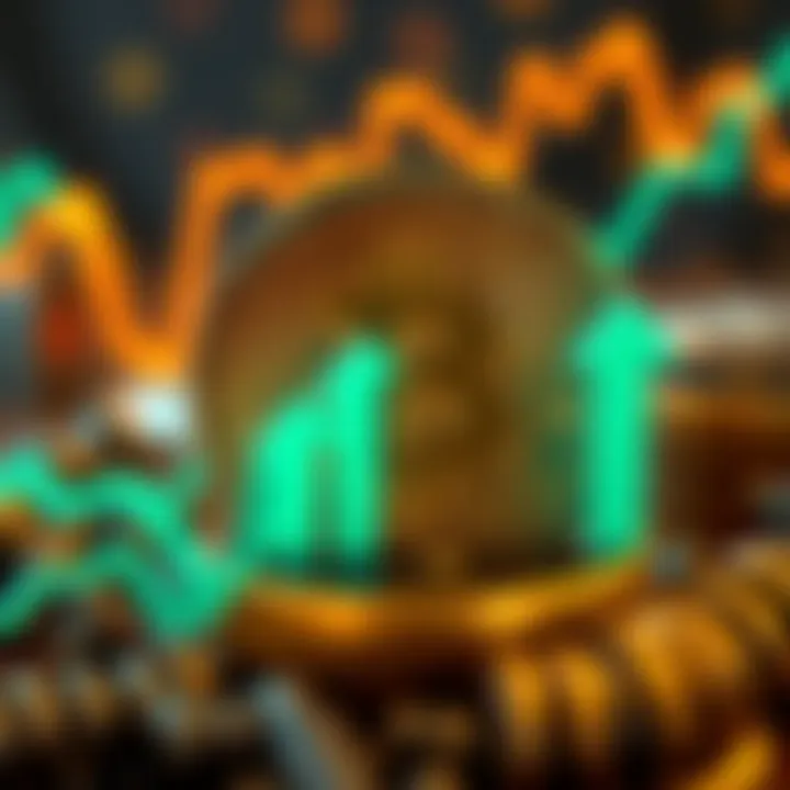 Bitcoin symbol with upward arrows showing price increase