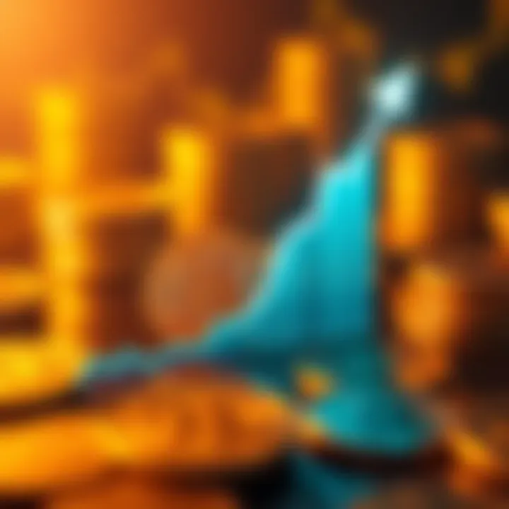 Graph showing Bitcoin's recent price increase with an upward trend line and coins in the background.