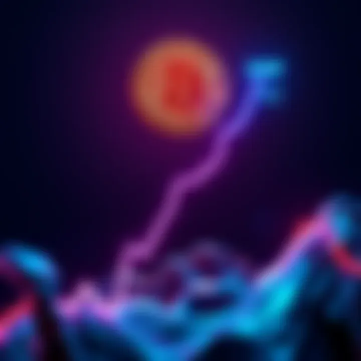 A graphic showing Bitcoin's price climbing upward with a downward trend line for XRP below $2.