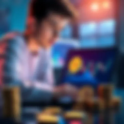 A young person looking at Bitcoin charts on a laptop with stacks of digital coins nearby