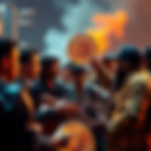 A group of Bitcoin supporters engaged in a heated discussion, showcasing their emotional investment in the cryptocurrency and their tendency to deflect criticism.