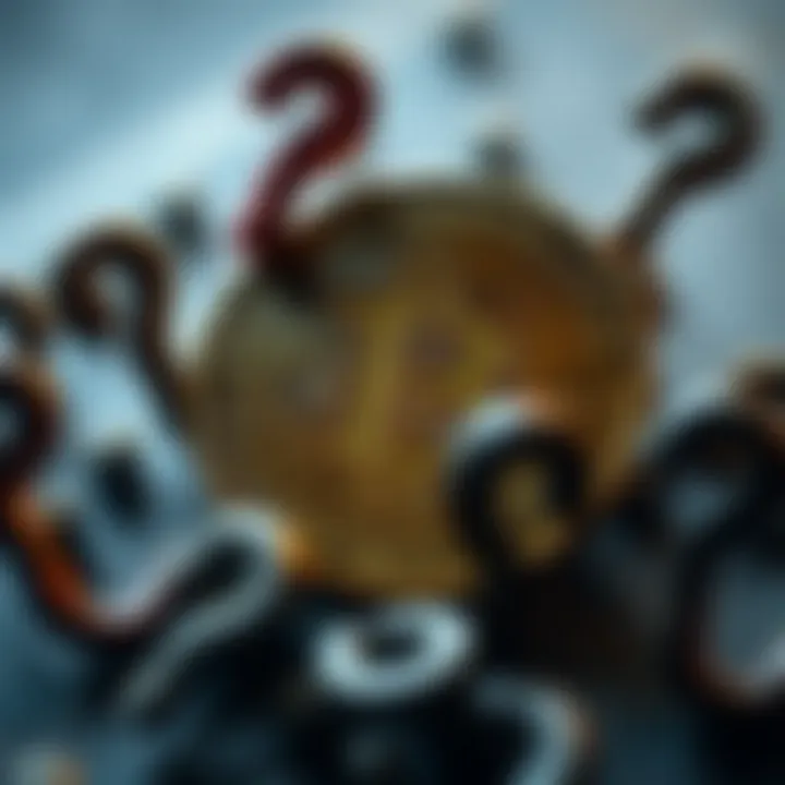 A Bitcoin symbol surrounded by question marks, representing uncertainty and challenges in the cryptocurrency market.