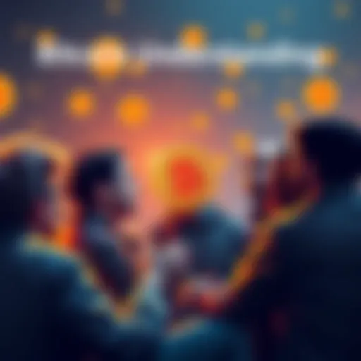 A group of people discussing Bitcoin concepts like self-custody and fixed supply, with visual elements representing cryptocurrency mining and finance.