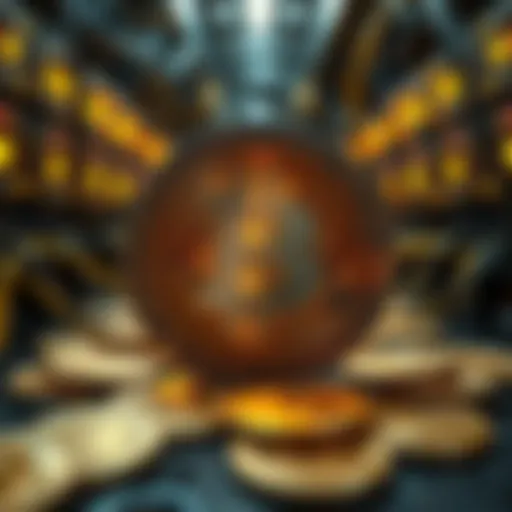 A digital representation of the 20 millionth bitcoin being mined, with mining equipment in the background and glowing bitcoins around it.