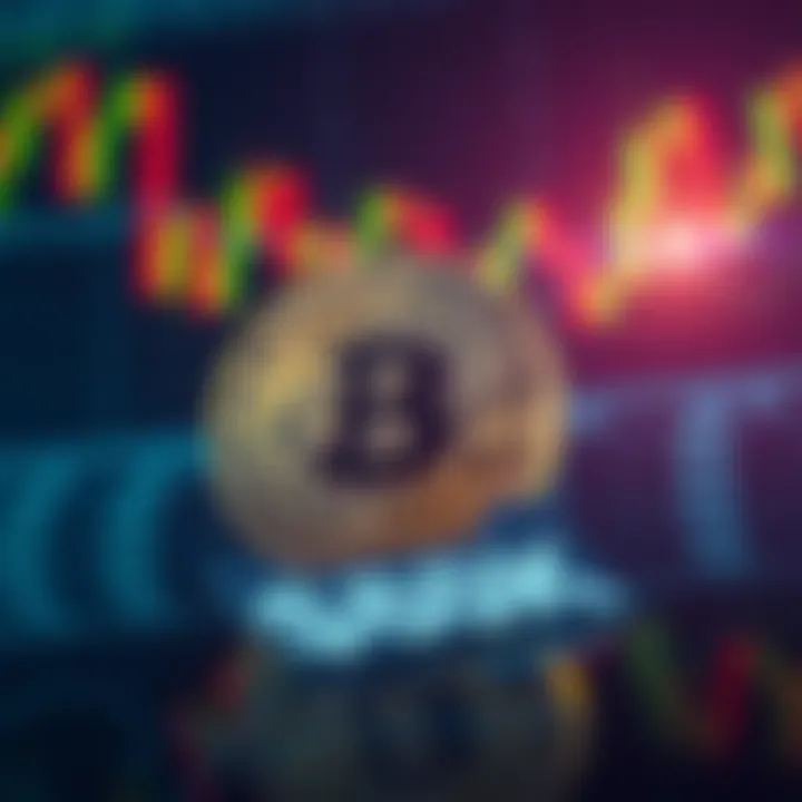Bitcoin coin with a price tag showing 60K, with a background of fluctuating stock charts in green and red.