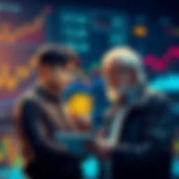 A young person and an older investor discussing Bitcoin and its future, surrounded by charts and graphs depicting cryptocurrency trends.