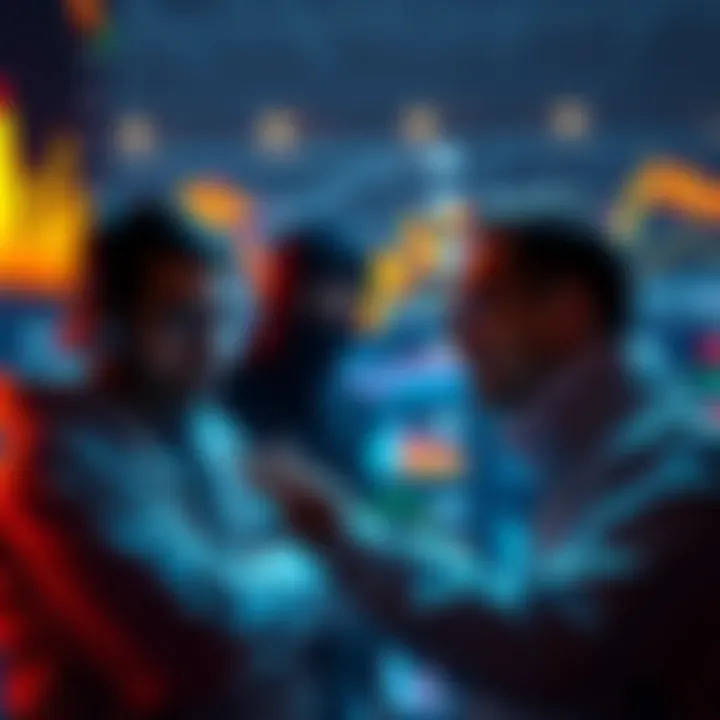 Two bitcoin analysts discussing market trends with charts and graphs in the background.