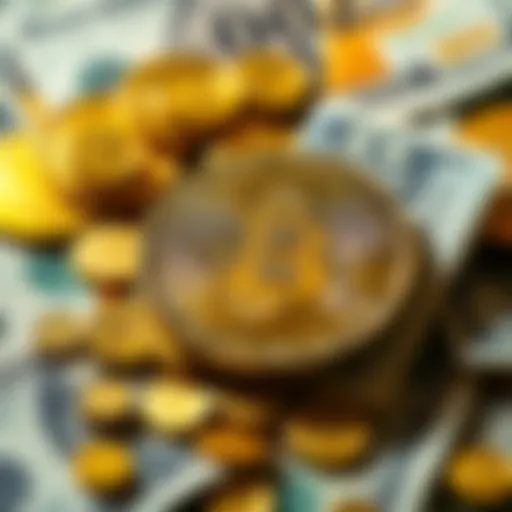 A visual representation of Bitcoin coins alongside cash money, symbolizing investment choices in cryptocurrency and traditional currency.