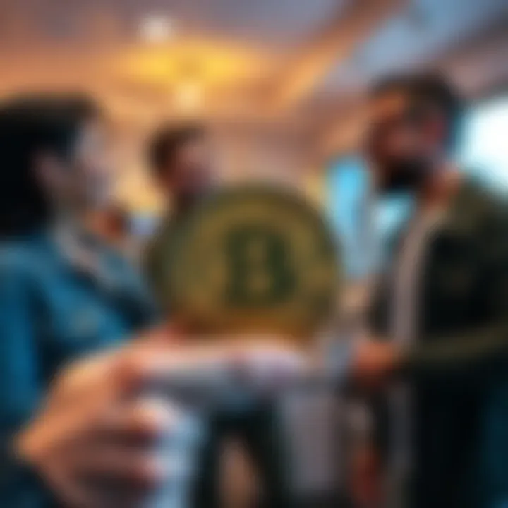 A hand holding a Bitcoin coin with friends laughing and talking together in the background.