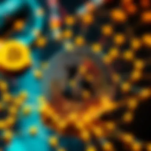 A visual representation of Bitcoin transactions showing connections and a blockchain diagram, emphasizing anonymity and privacy issues.