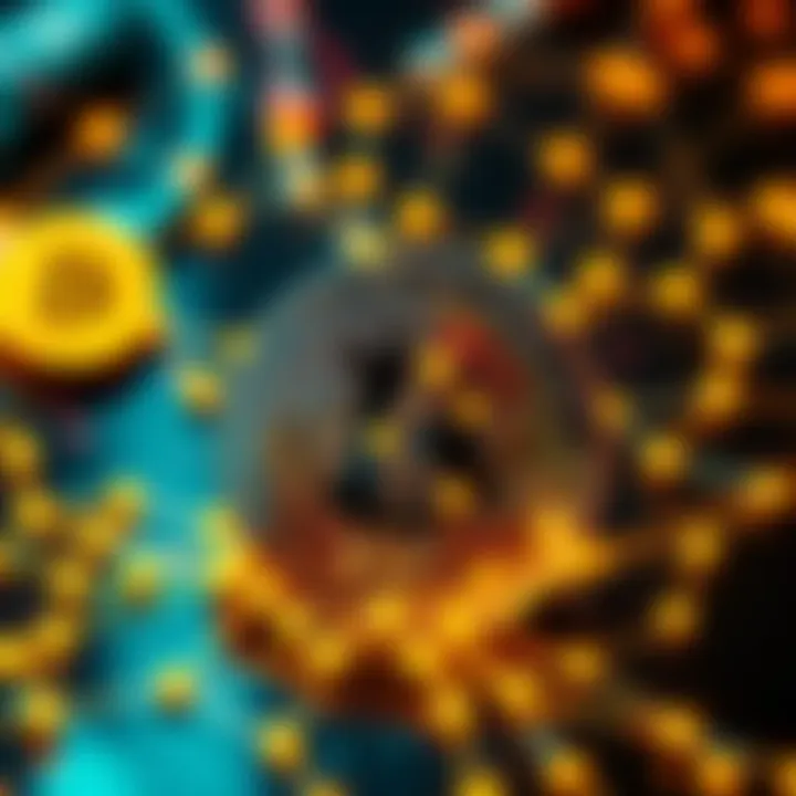 Bitcoin Transactions A visual representation of Bitcoin transactions showing connections and a blockchain diagram, emphasizing anonymity and privacy issues.