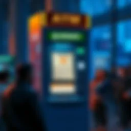 A Bitcoin ATM with a bankruptcy notice posted on it, surrounded by worried people discussing the impact of such machines.