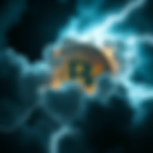 A visual of a Bitcoin symbol surrounded by dark clouds and lightning, symbolizing a world without power and internet.