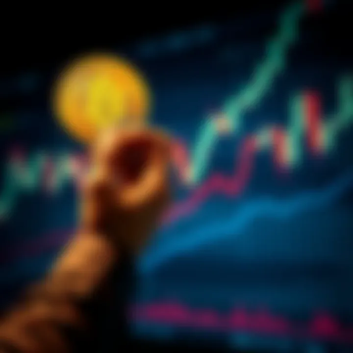 Bitcoin Buy and Hold Concept A person holding a Bitcoin symbol while looking confidently at a stock chart showing upward trends, representing long-term investment success.