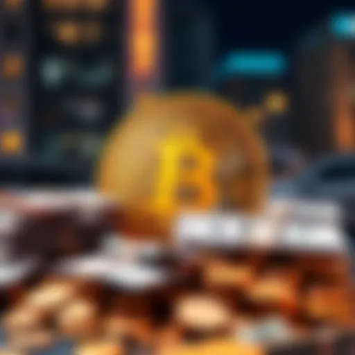 Bitcoin logo featuring cash piling up beside it, representing the debate on Bitcoin's use as currency.