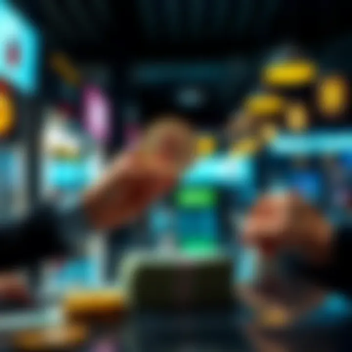 A person exchanging Bitcoin for cash at a counter, highlighting cash and cryptocurrency transactions.