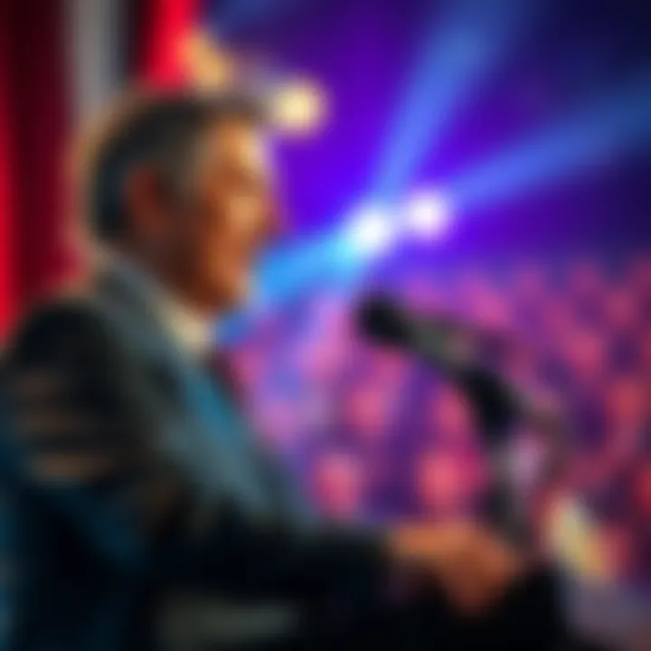 Bitcoin CEO speaking at a podium encouraging price reductions for wider accessibility of cryptocurrency