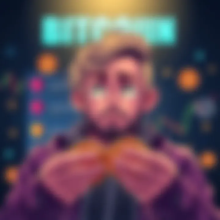 An illustration showing a person looking confused while holding Bitcoin coins, with charts and tech symbols in the background.