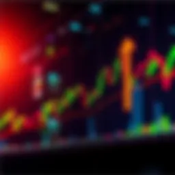 A colorful chart showing Bitcoin price trends with upward and downward arrows, representing market predictions.