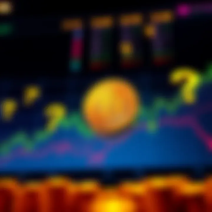 A Bitcoin price chart showing fluctuations with question marks around it, representing uncertainty about its true value.