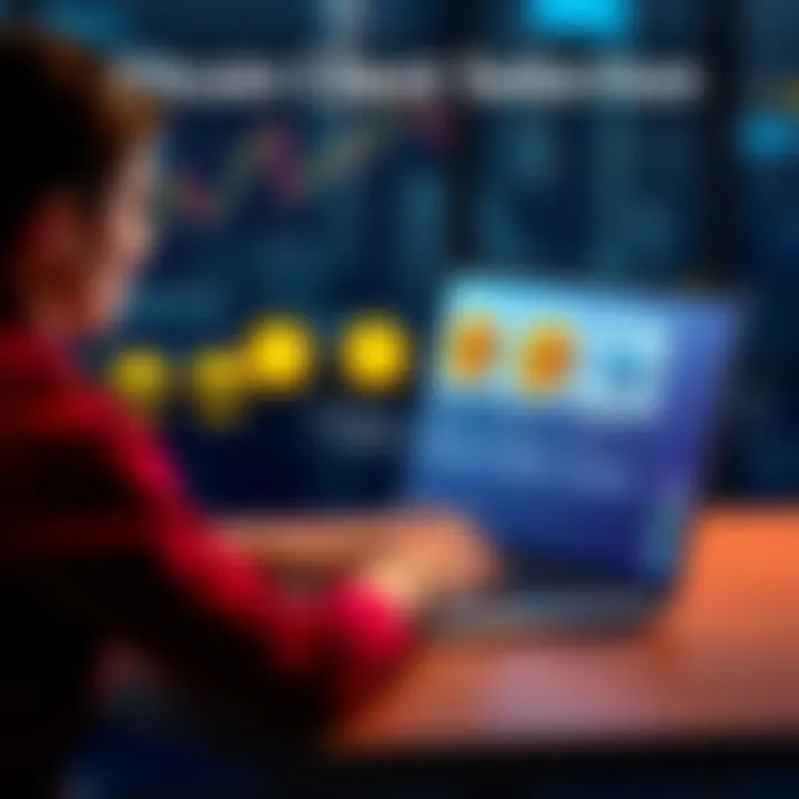 A person sitting at a desk, comparing different Bitcoin client software options on a laptop screen, looking thoughtful about financial decisions.