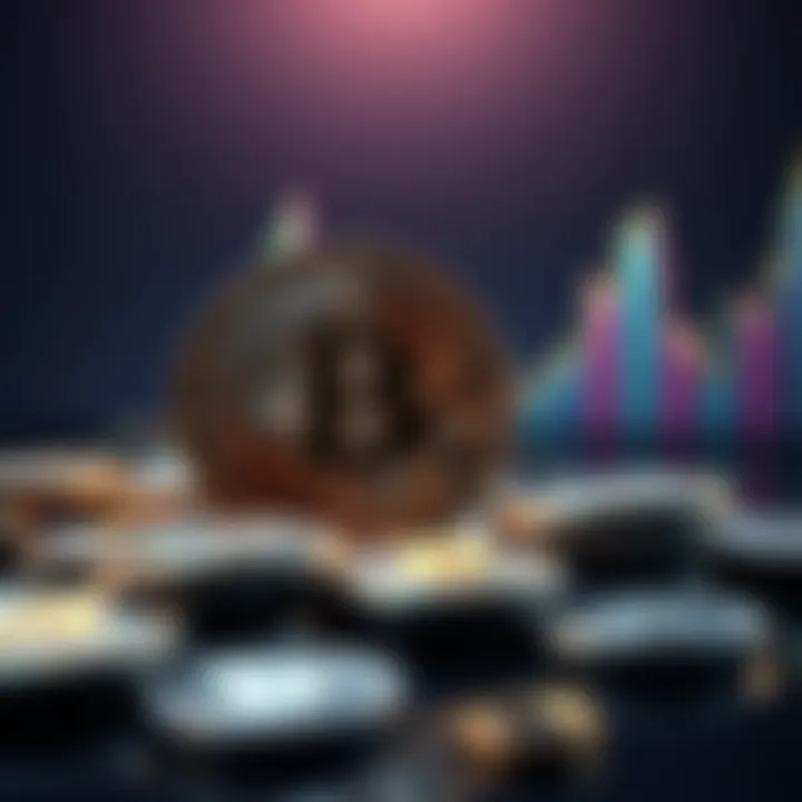 Visualization of Bitcoin coins with a rising graph in the background, representing future price predictions after all coins are mined.