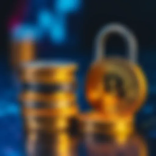 A stack of shiny Bitcoin coins next to a padlock, symbolizing holders who never sell their Bitcoin assets.