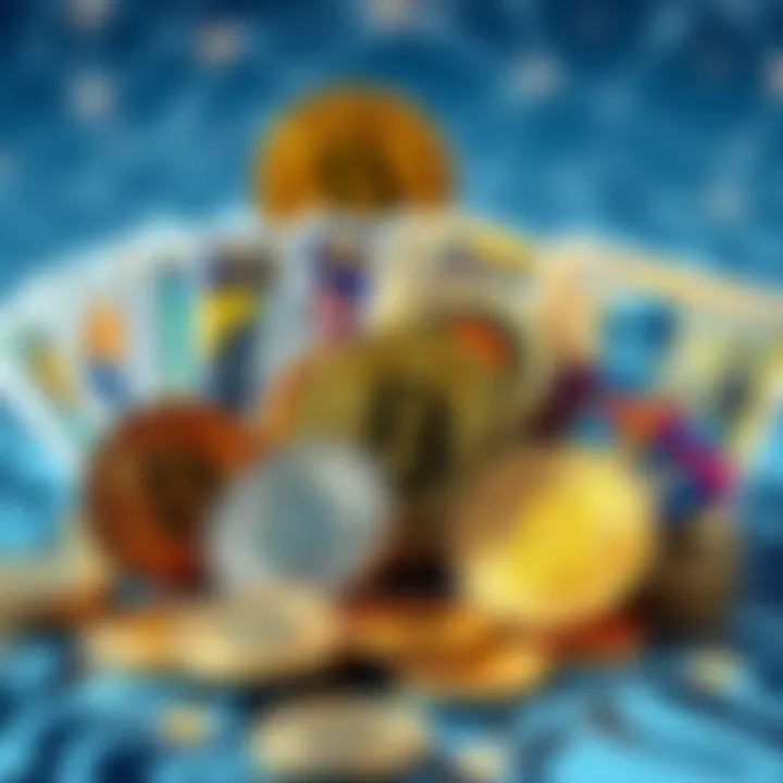 A collection of Bitcoin coins displayed alongside trading cards and commemorative coins, emphasizing their collectible nature.